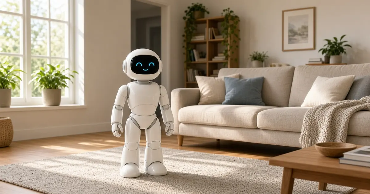 A small white companion robot standing on a rug in a sunny, empty family living room (AI-generated image)
