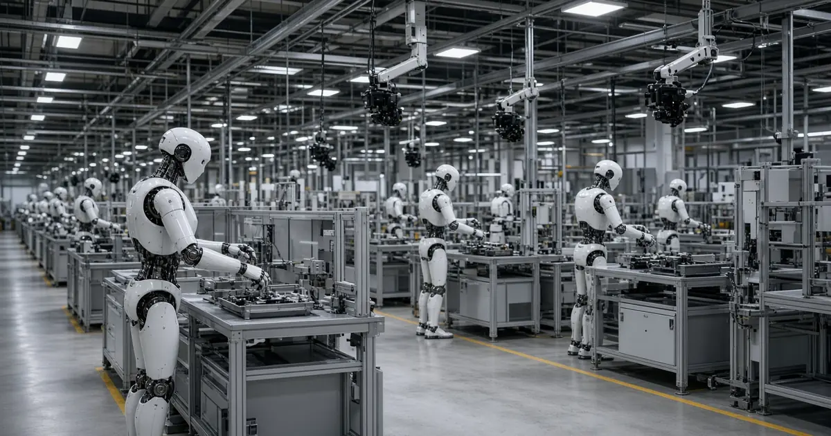 Rows of identical white humanoid robots practising tasks at assembly stations while overhead cameras record them (AI-generated image)