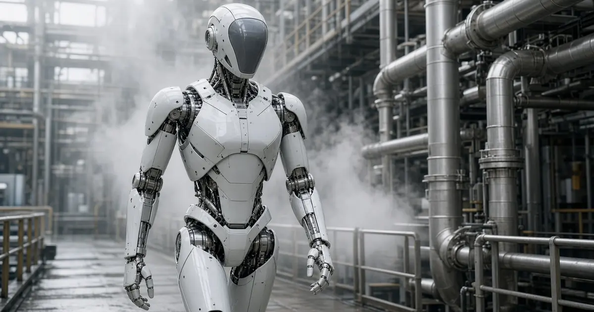 A white humanoid robot walking through a steamy industrial plant with large pipework