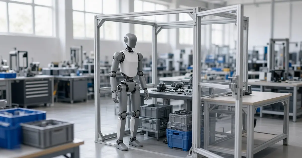A slim grey-and-white humanoid robot standing in an open work cell in a bright university robotics training hall (AI-generated image)