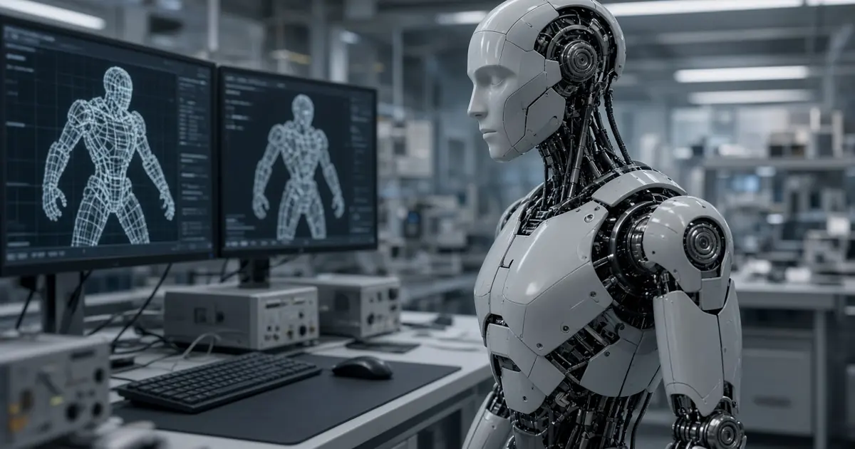 A humanoid robot standing in a research lab next to workstation monitors showing abstract robot simulations (AI-generated image)