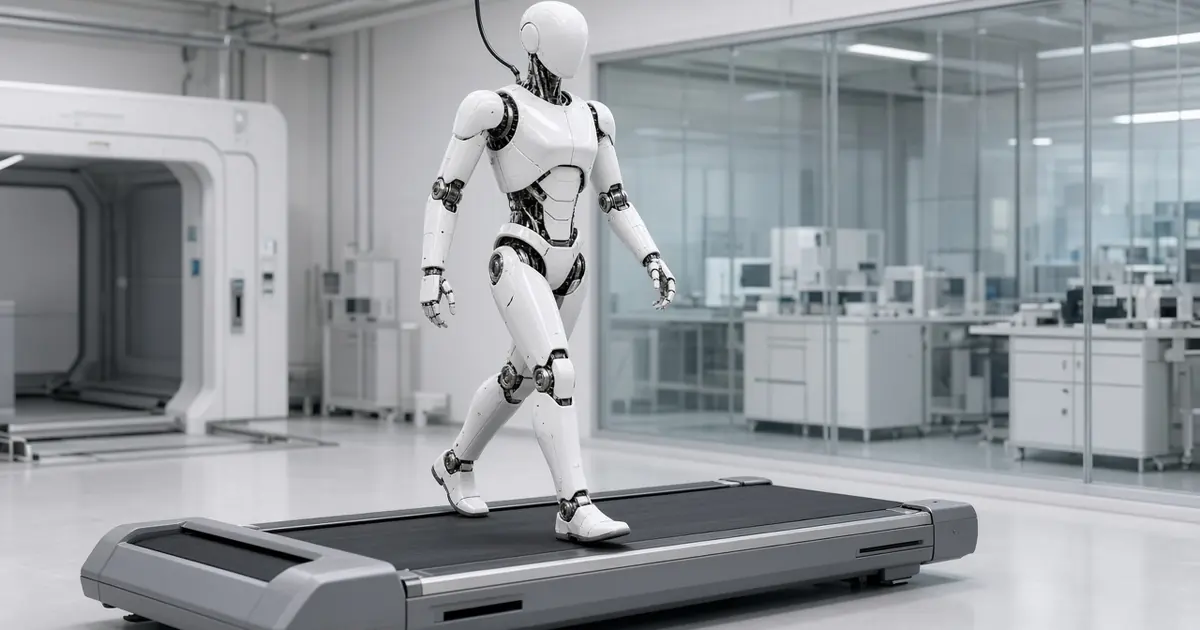 A white humanoid robot walking on a treadmill in a bright testing laboratory (AI-generated image)