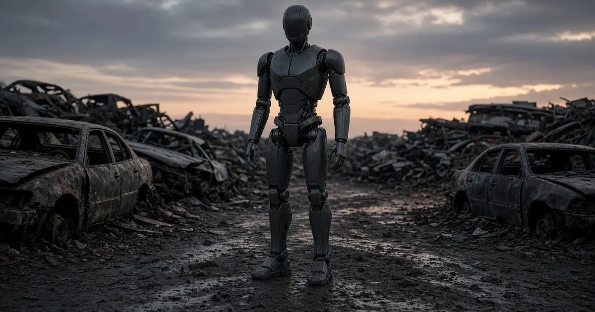 A dark graphite humanoid robot standing calmly in a scrapyard of old cars at dusk (AI-generated image)